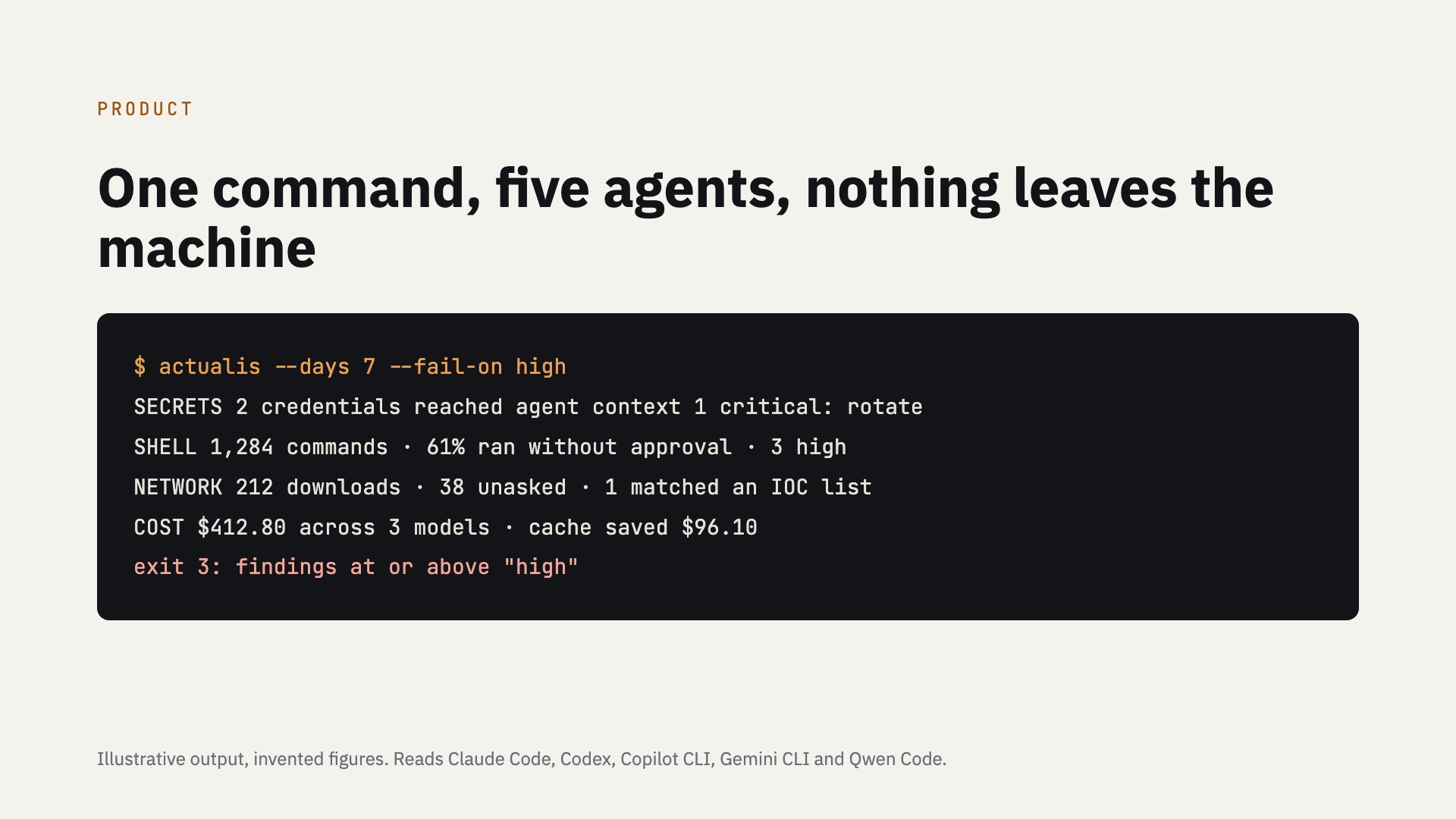 Product: one command, five agents, nothing leaves the machine (illustrative output)